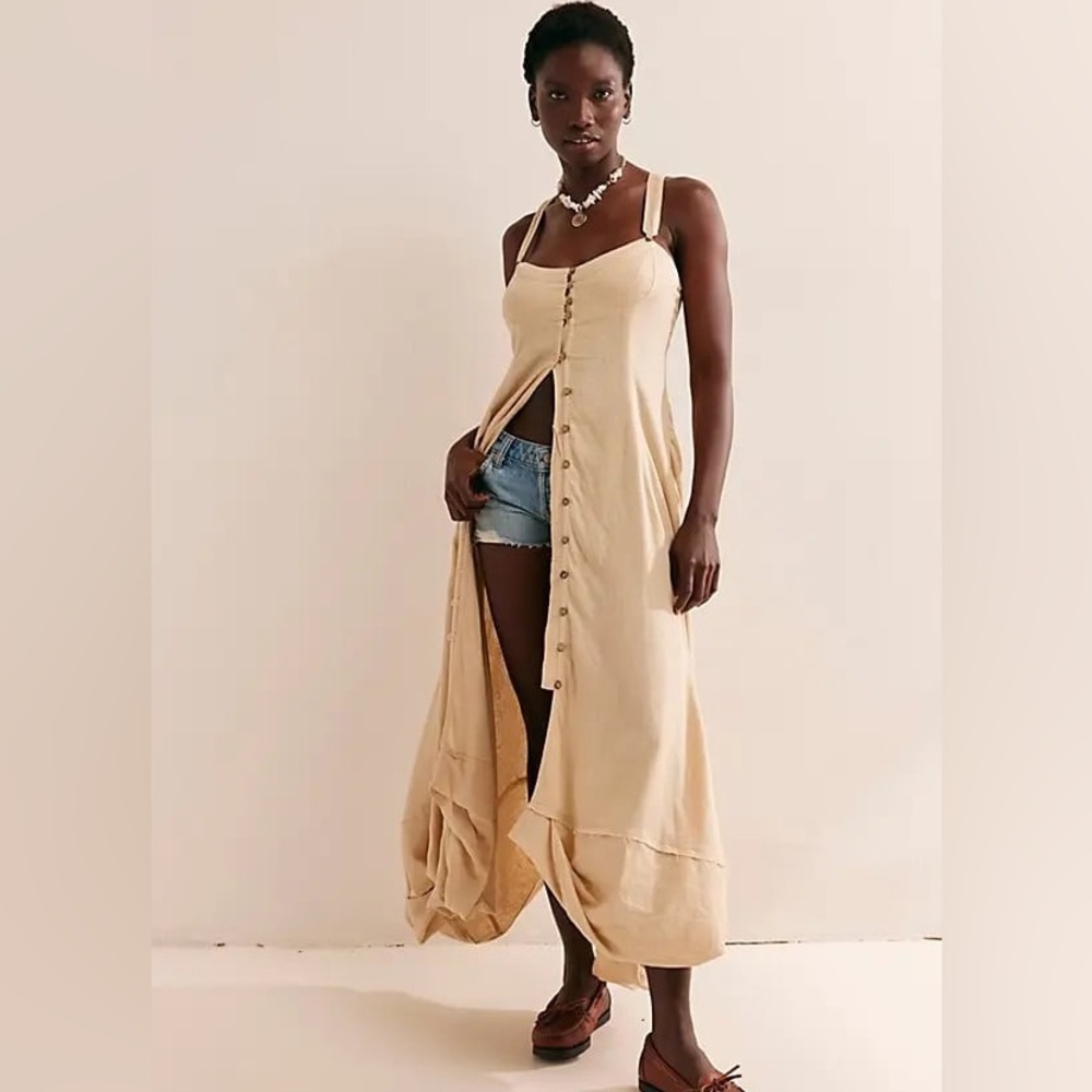 Free People Cream Button-Front Midi Dress